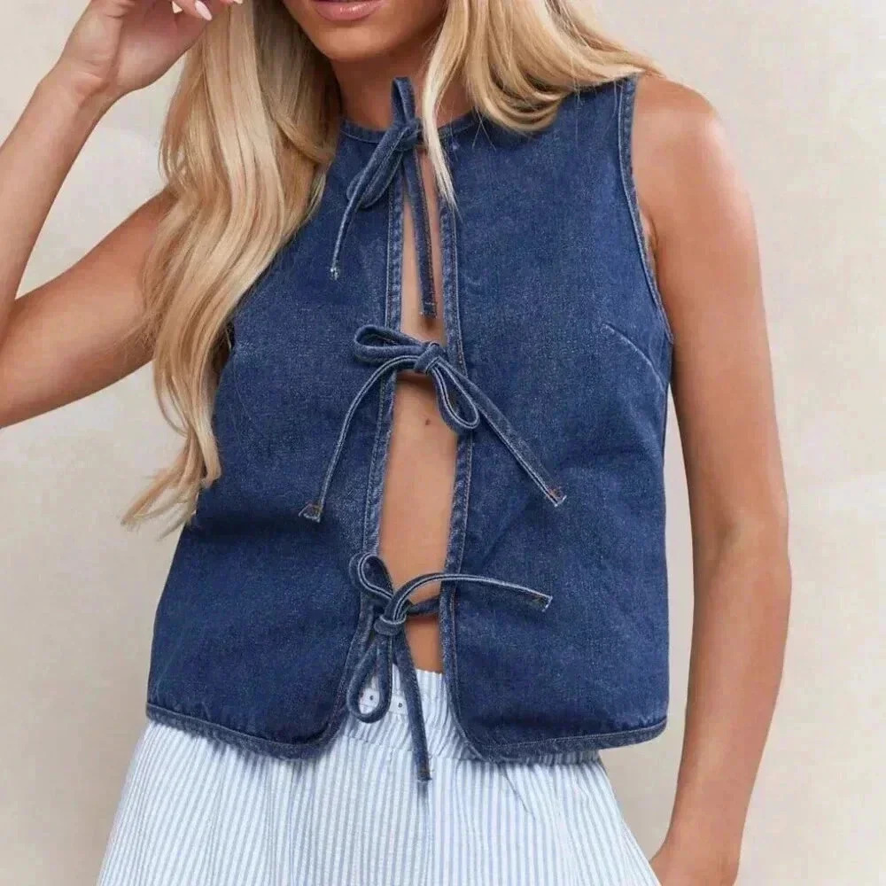 Blue Casual Women's Tie Detail Open Front Sleeveless Denim Top